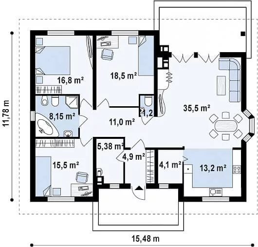 Проект одноэтажного дома из блоков с большой гостиной "Z10k" | 134 м² — изображение 3