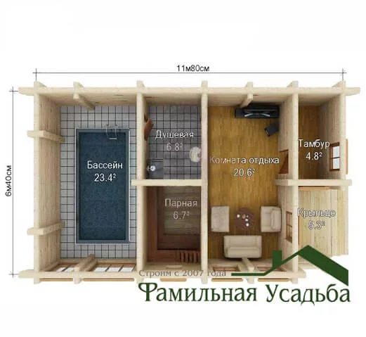 Проект современной бани из бревна "Радо" | 67 м² — изображение 5